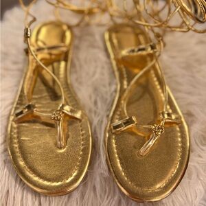 SHEIN Metallic Gold Strappy Lace-Up Sandals